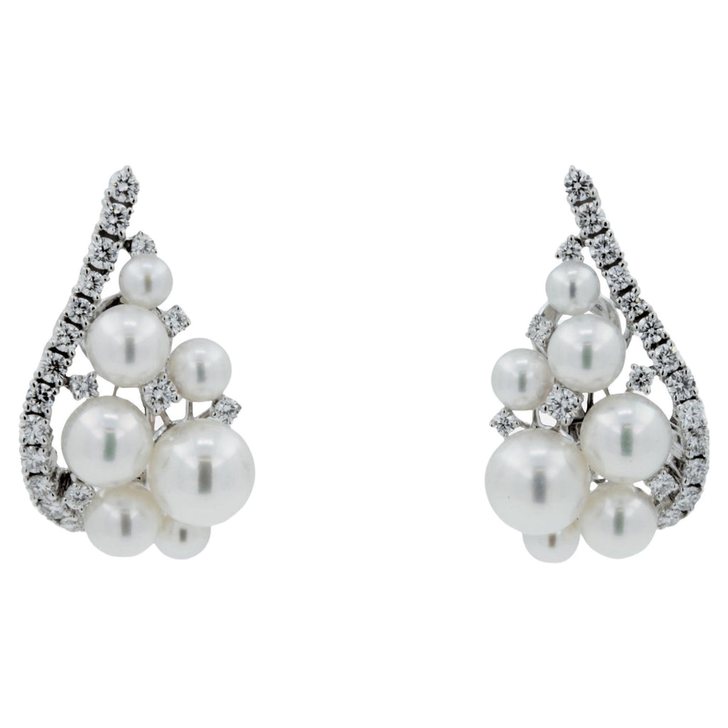 Japanese White Akoya Pearl 18K White Gold Luxury Grapes Crown Diamond Earrings