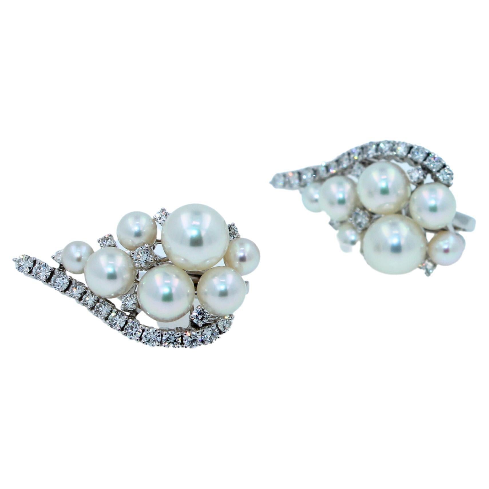 Japanese White Akoya Pearl 18K White Gold Luxury Grapes Crown Diamond Earrings