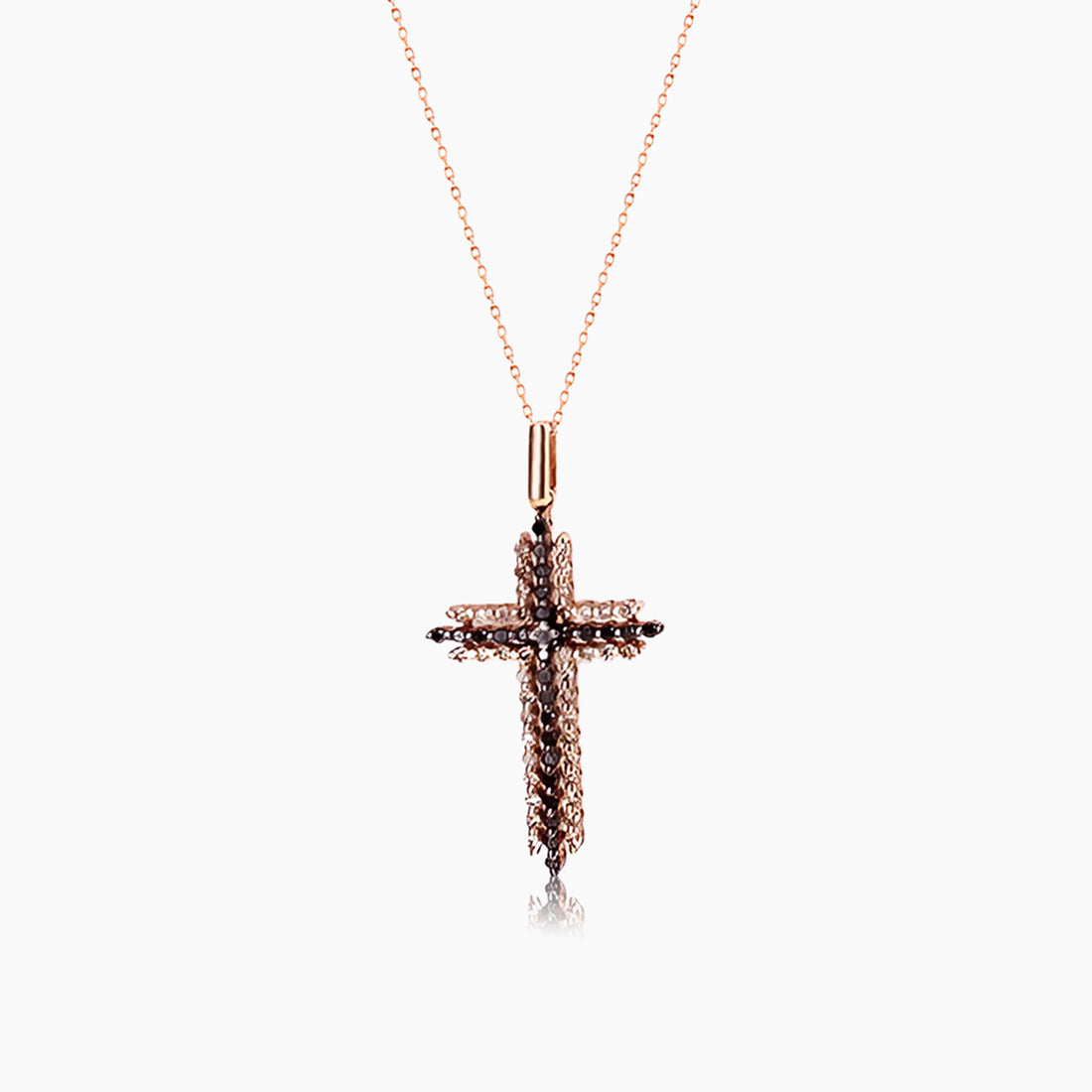 Brown Black & White Diamond 18K Rose Gold Cross Pendant Necklace