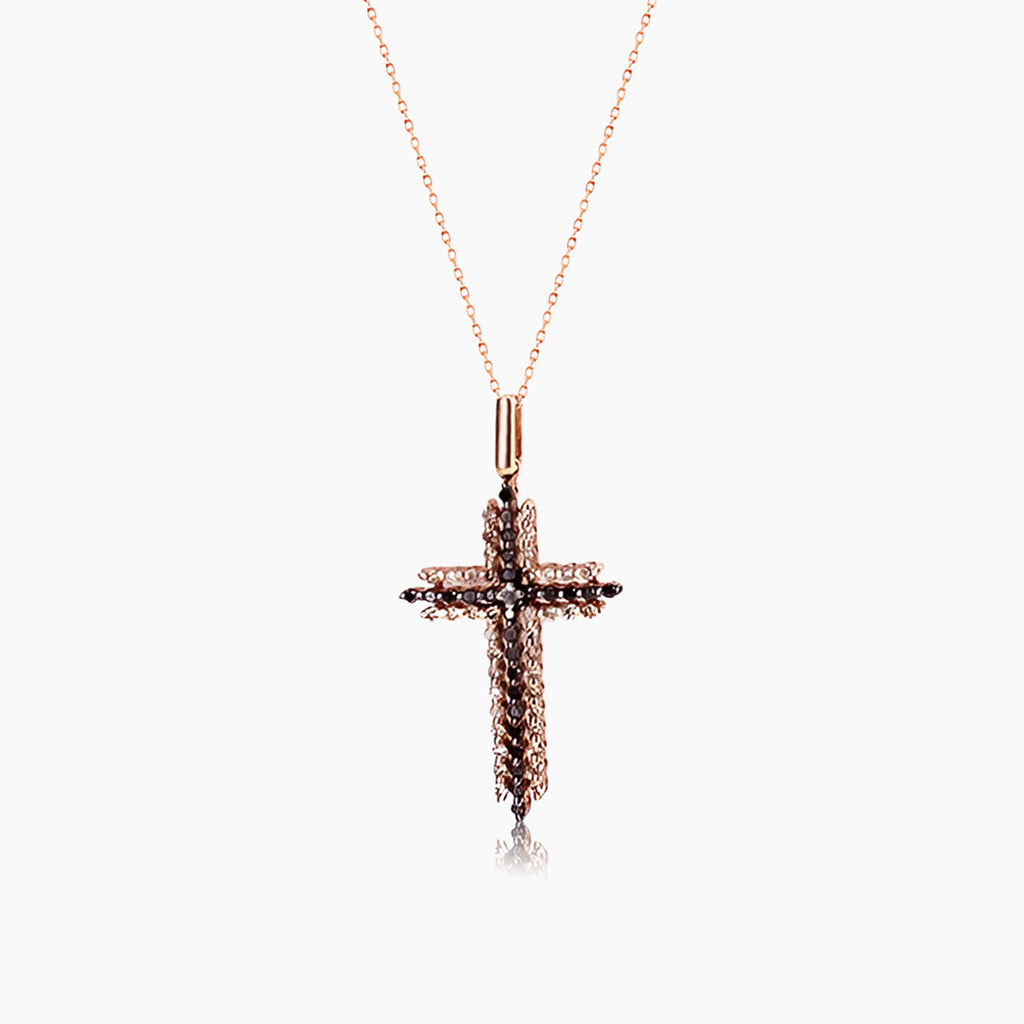 Brown Black & White Diamond 18K Rose Gold Cross Pendant Necklace