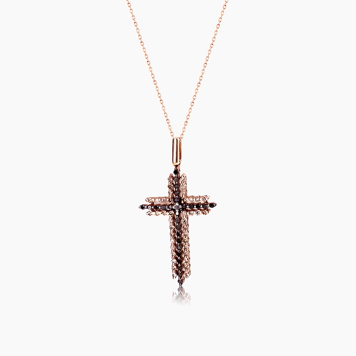 brown black & white diamond 18k rose gold cross pendant necklace
