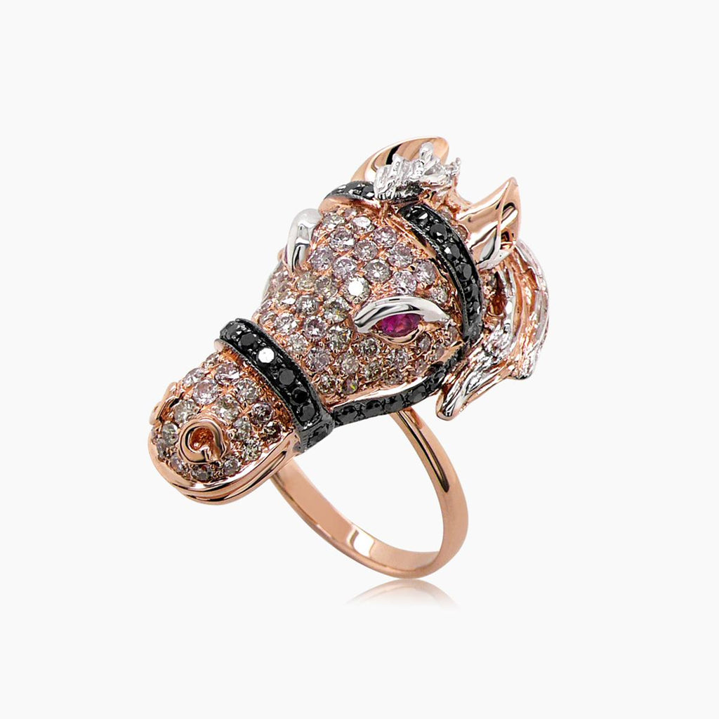 Horse Stallion Pony Diamond Pave & Ruby 18K Rose White Gold Black Diamond Ring