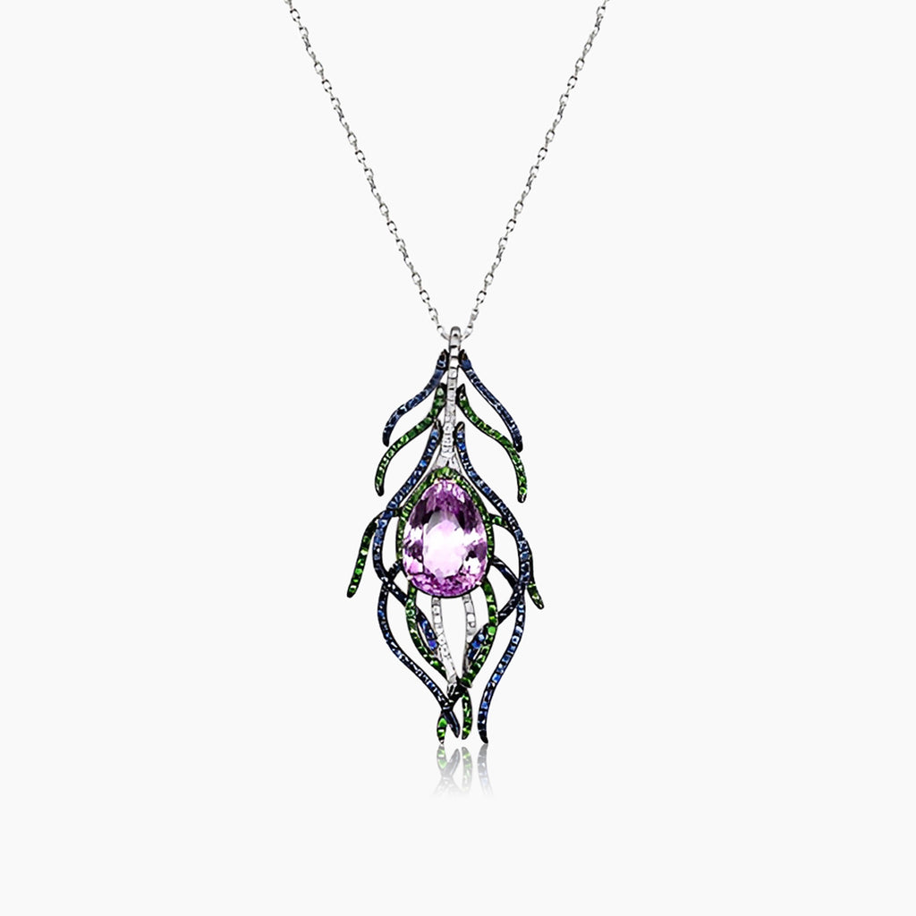 Pink Kunzite Blue Sapphire Green Garnet & Diamond White Gold Pendant Necklace