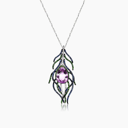 Pink Kunzite Blue Sapphire Green Garnet & Diamond White Gold Pendant Necklace