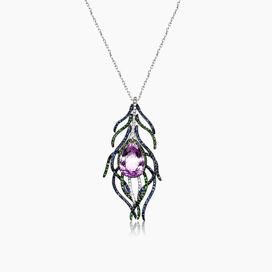 Pink Kunzite Blue Sapphire Green Garnet & Diamond White Gold Pendant Necklace