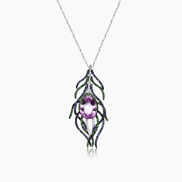 Pink Kunzite Blue Sapphire Green Garnet & Diamond White Gold Pendant Necklace