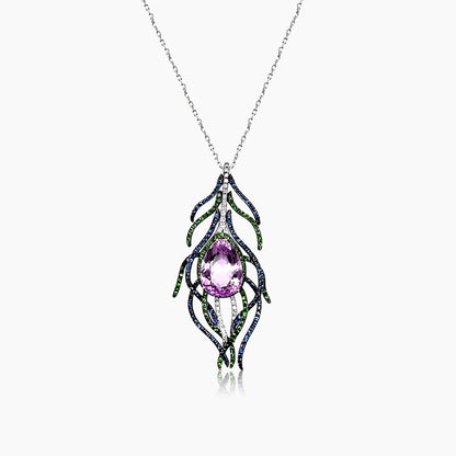 Pink Kunzite Blue Sapphire Green Garnet & Diamond White Gold Pendant Necklace