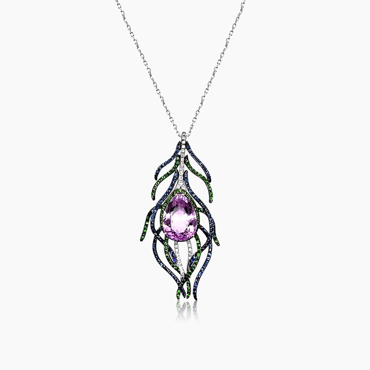 Pink Kunzite Blue Sapphire Green Garnet & Diamond White Gold Pendant Necklace