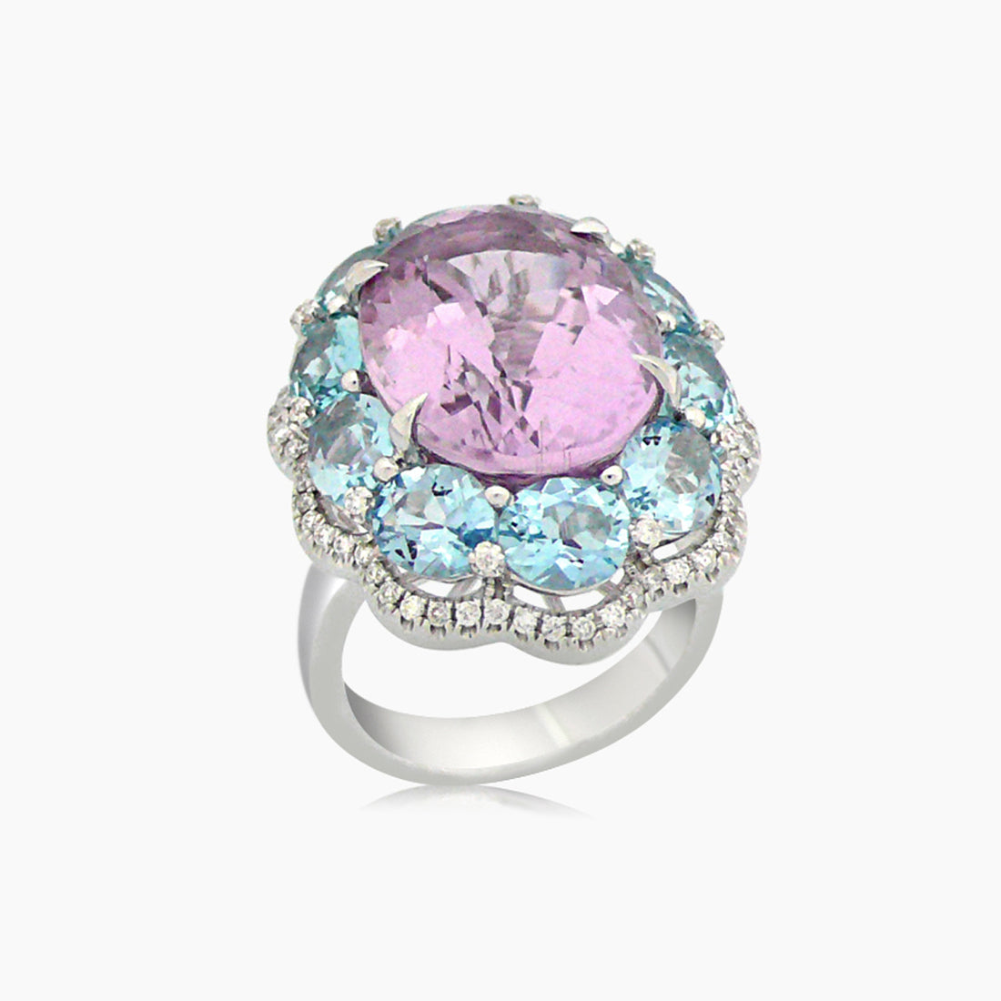 Oval Shape Pink Kunzite & Blue Aquamarine & White Diamond 18K White Gold Ring