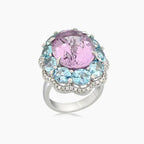 Oval Shape Pink Kunzite & Blue Aquamarine & White Diamond 18K White Gold Ring