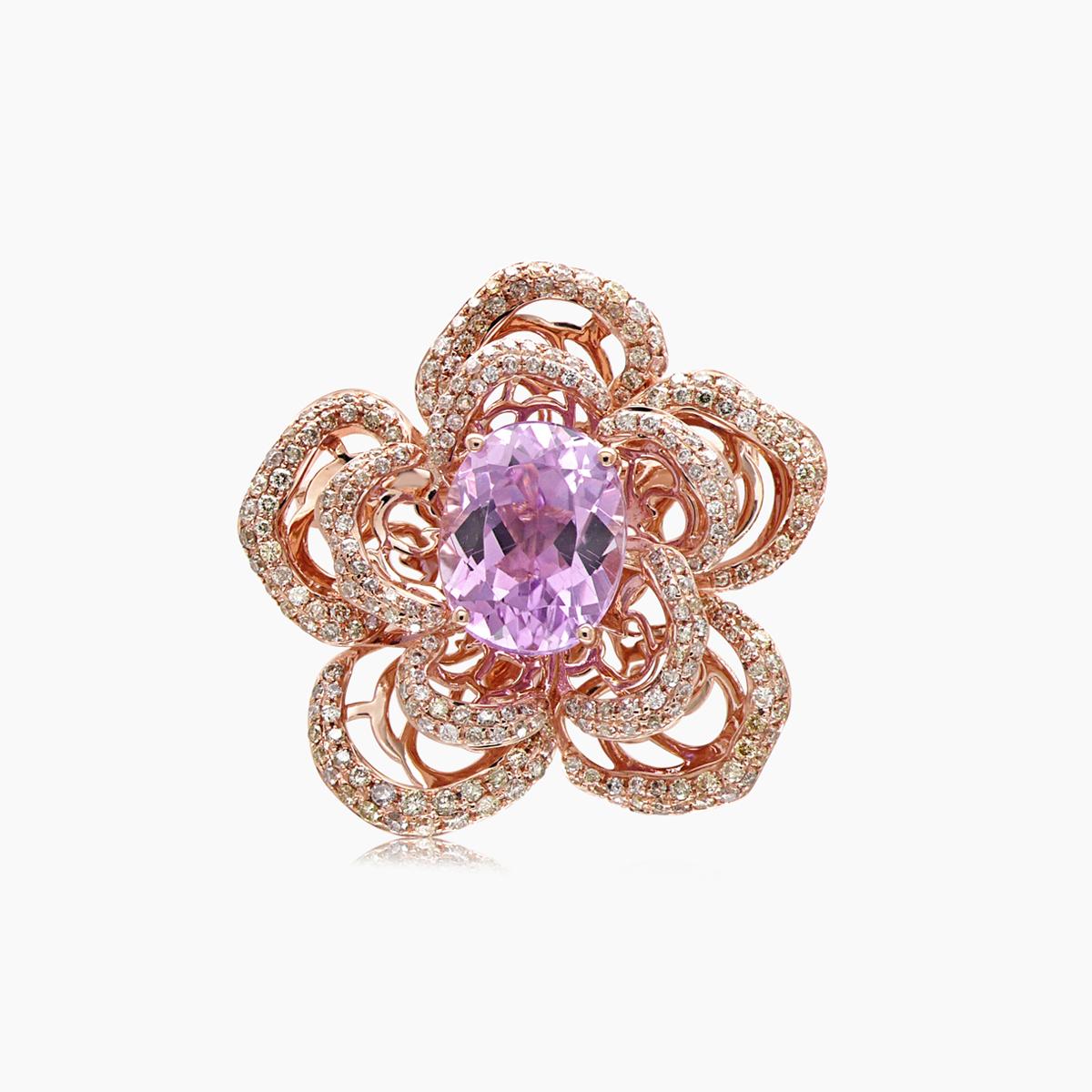 pink kunzite & white diamond pave set lilly flower floral 18k rose gold ring