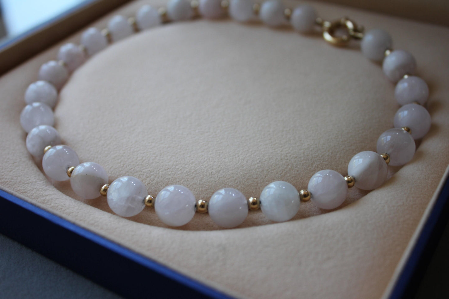 light pink rose quartz round circle sphere beads 14 karat yellow gold bead short