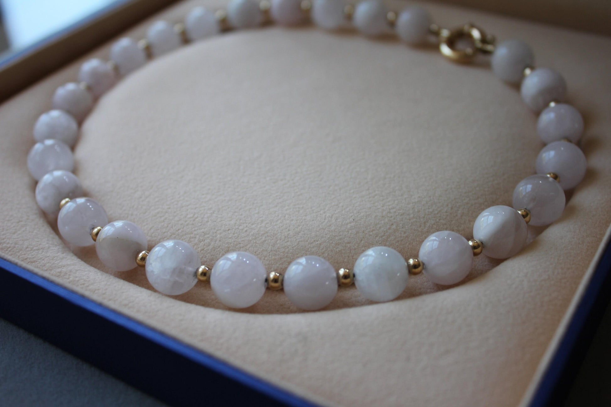 Light Pink Rose Quartz Round Circle Sphere Beads 14 Karat Yellow Gold Bead Short