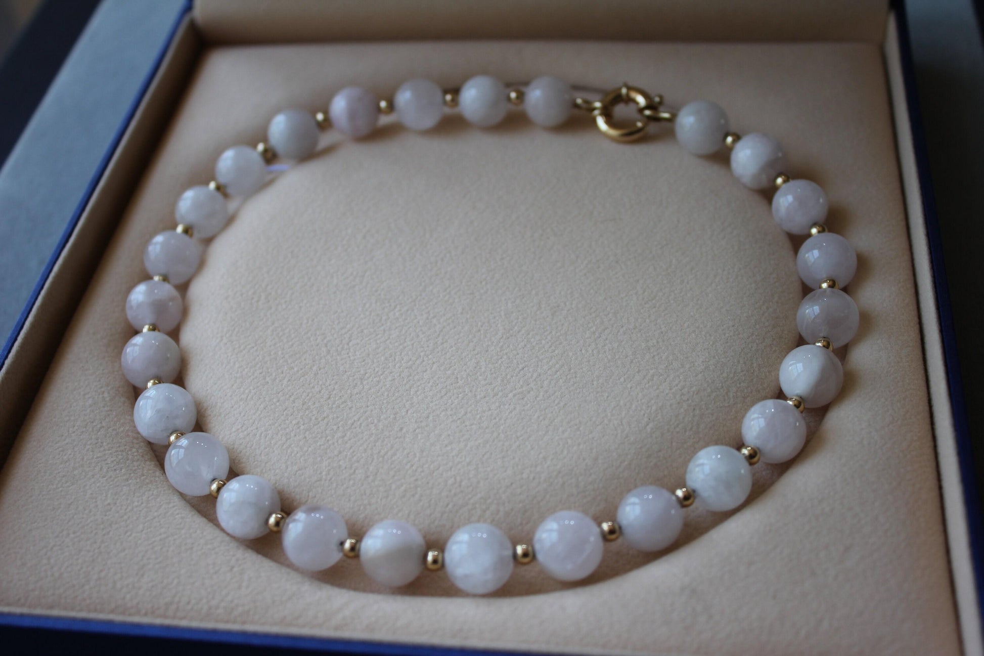 Light Pink Rose Quartz Round Circle Sphere Beads 14 Karat Yellow Gold Bead Short