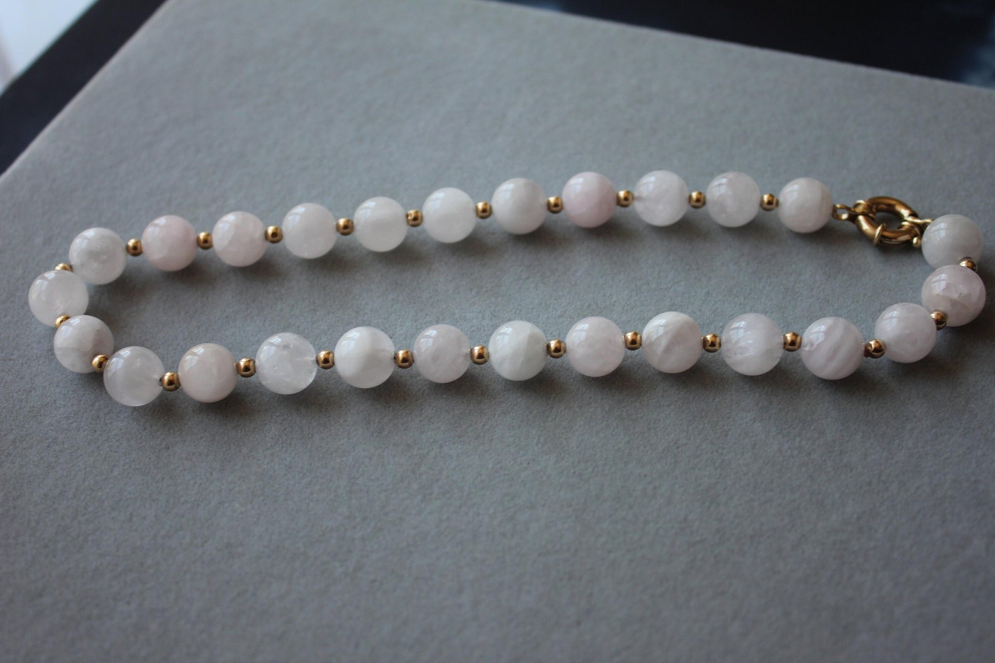 Light Pink Rose Quartz Round Circle Sphere Beads 14 Karat Yellow Gold Bead Short