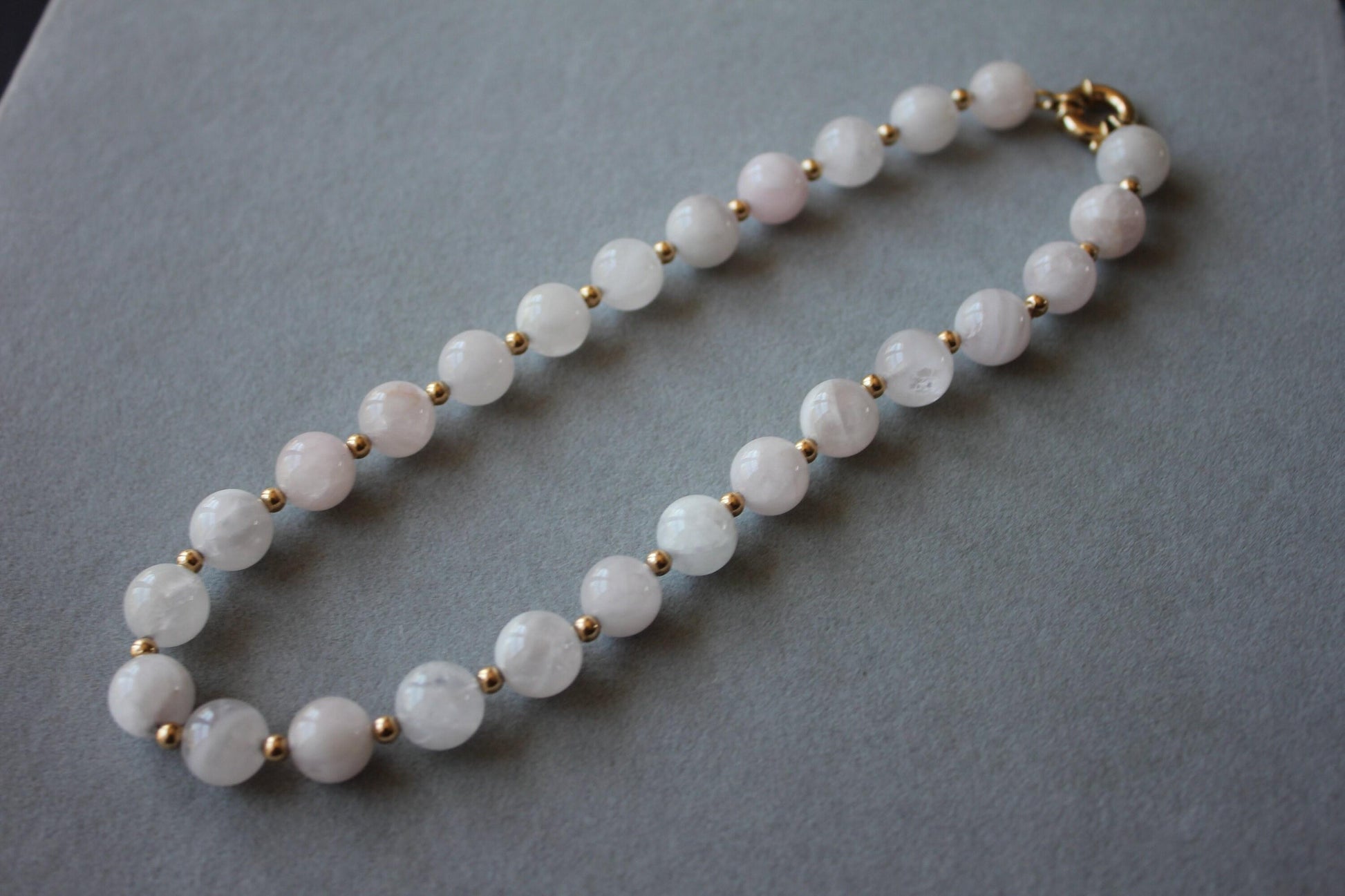 Light Pink Rose Quartz Round Circle Sphere Beads 14 Karat Yellow Gold Bead Short