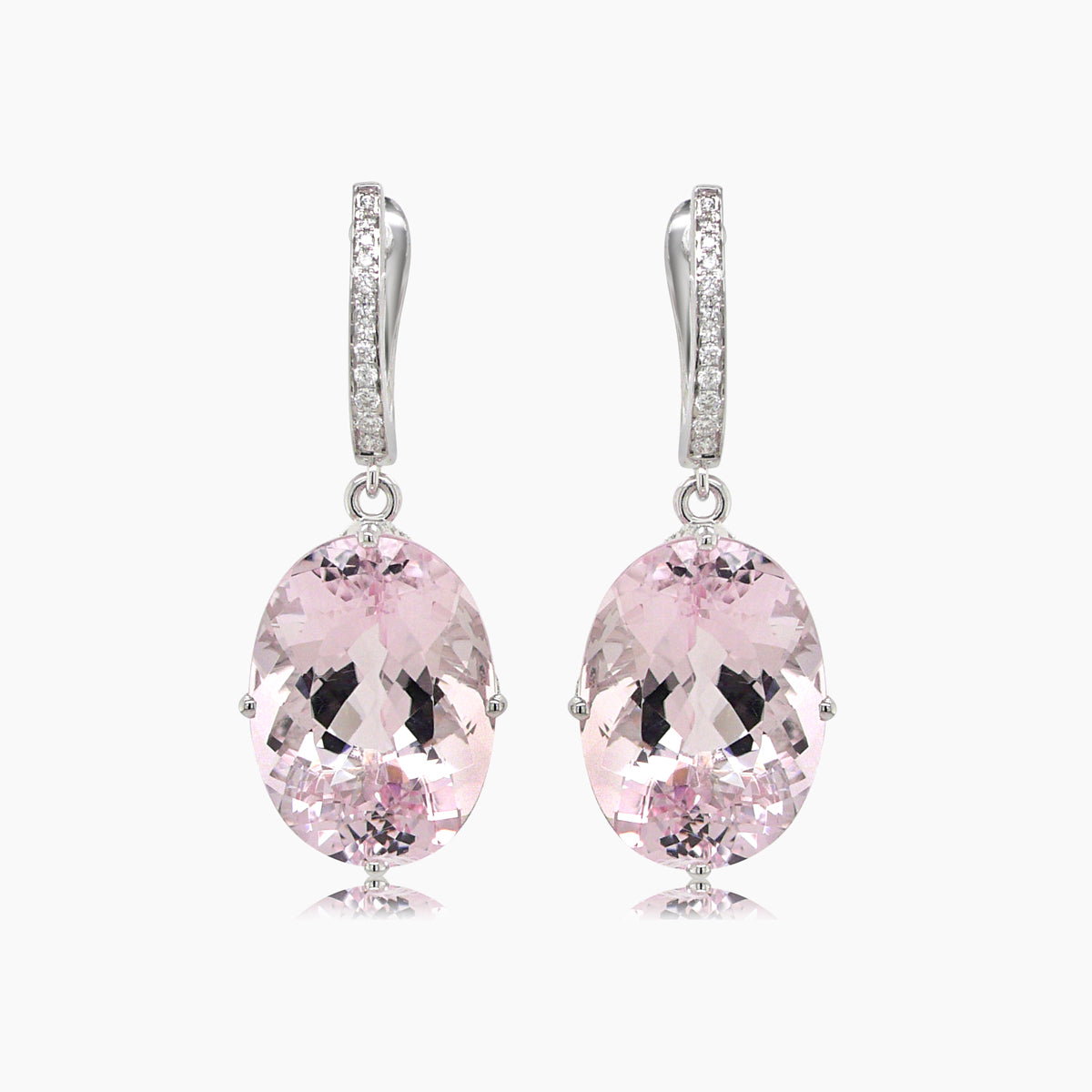 pink oval shape morganite white diamond 18k white gold drop style earrings