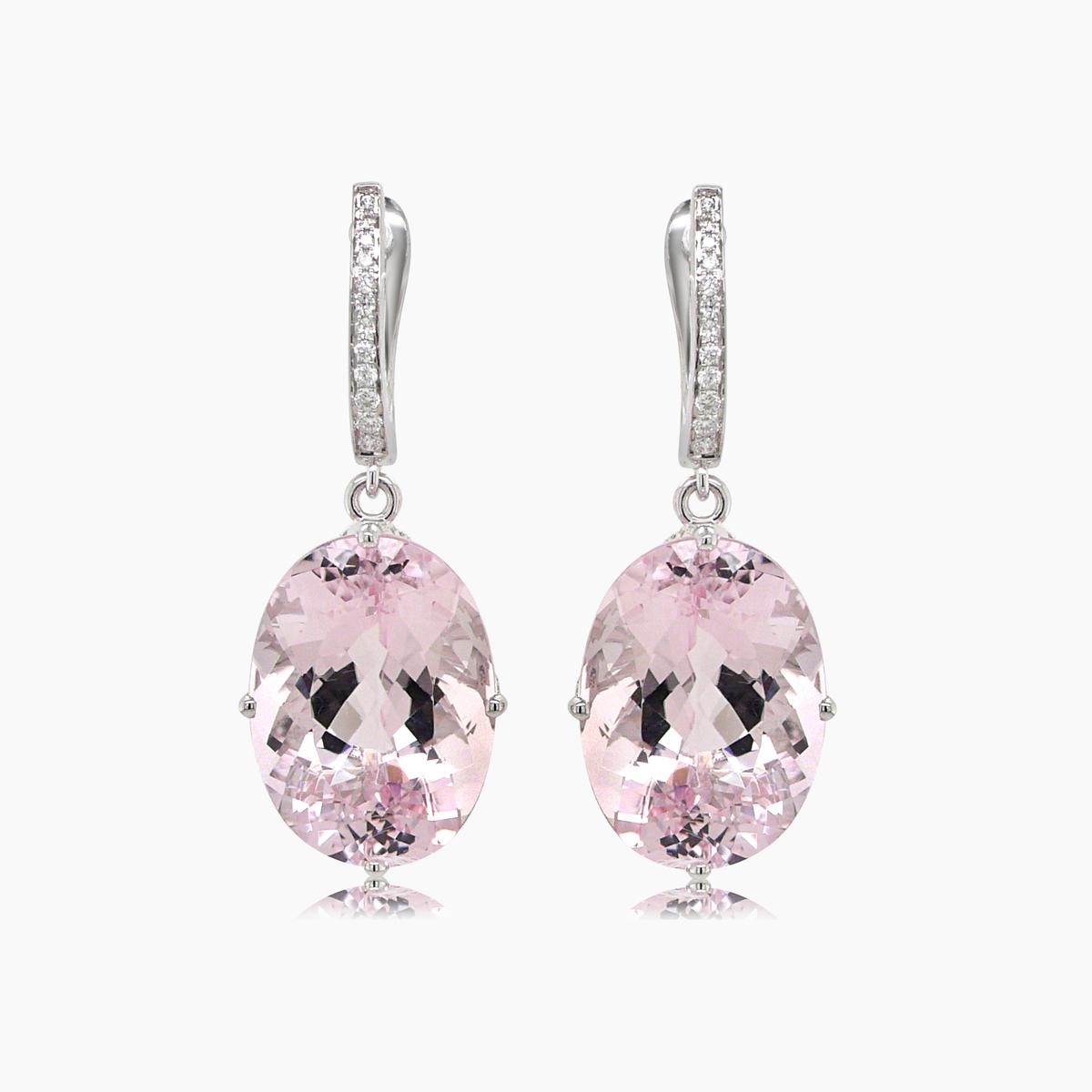 pink oval shape morganite white diamond 18k white gold drop style earrings