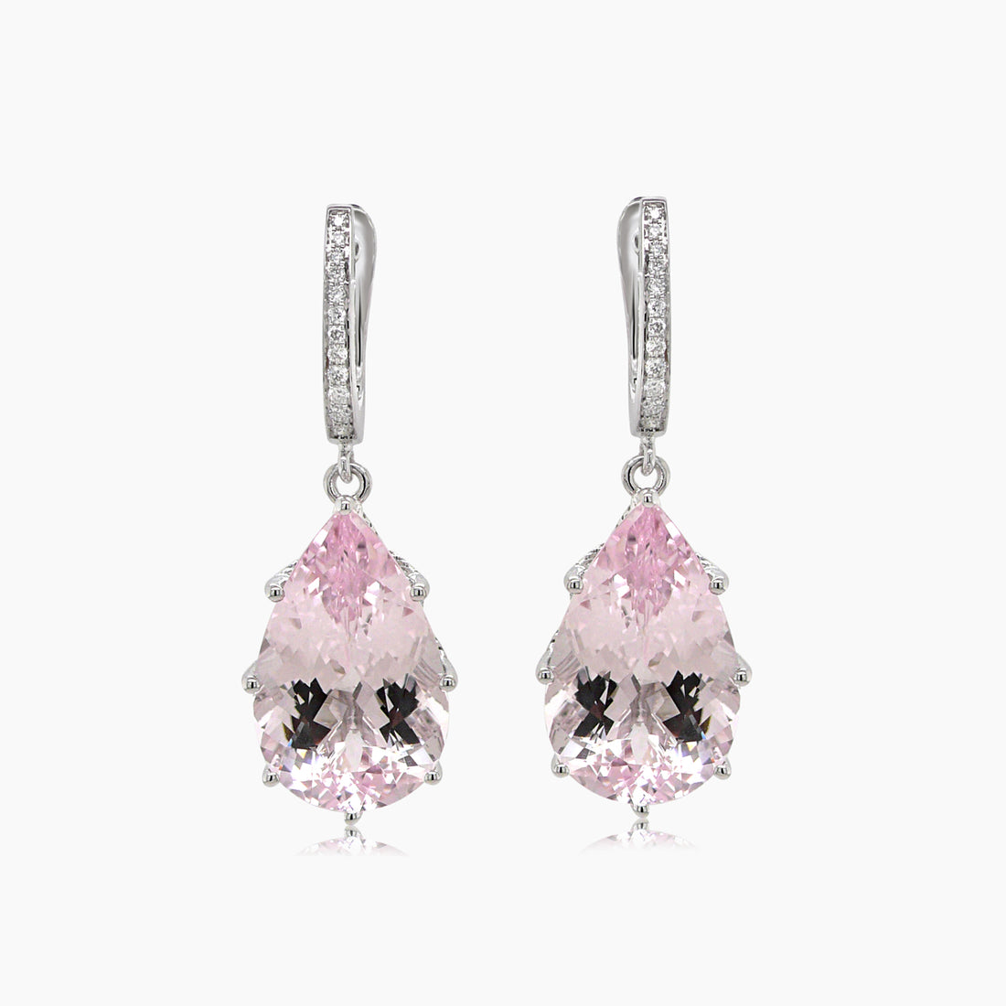 Pink Pear Drop Shape Morganite White Diamond 18K White Gold Drop Style Earrings