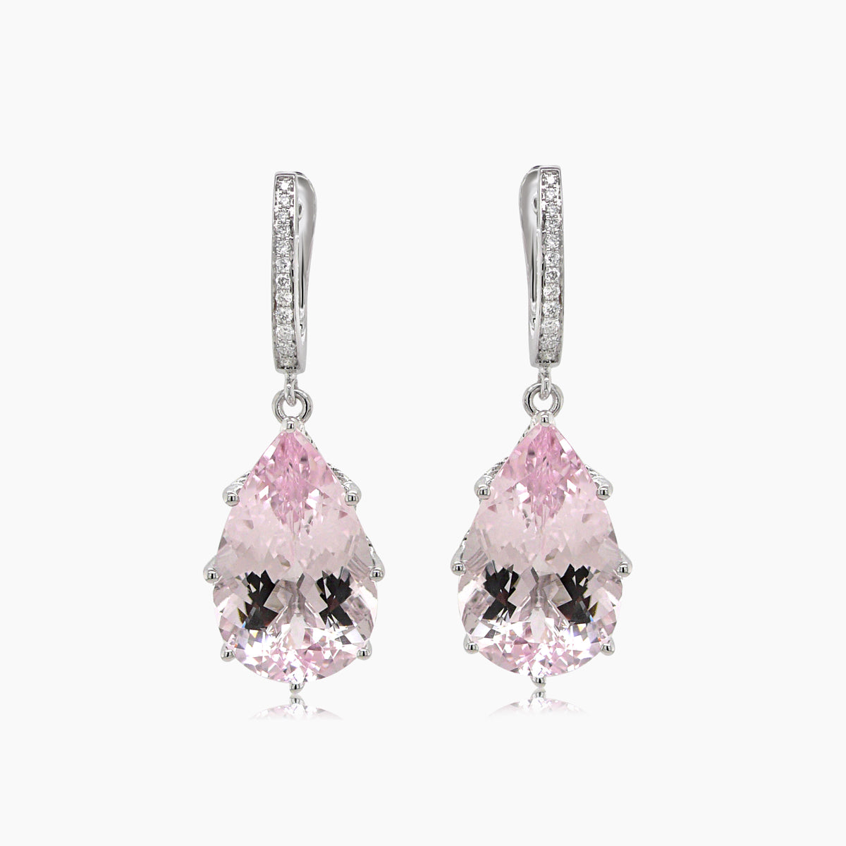 Pink Pear Drop Shape Morganite White Diamond 18K White Gold Drop Style Earrings