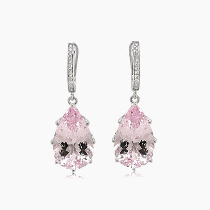 Pink Pear Drop Shape Morganite White Diamond 18K White Gold Drop Style Earrings