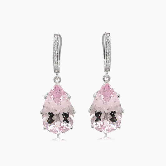 Pink Pear Drop Shape Morganite White Diamond 18K White Gold Drop Style Earrings