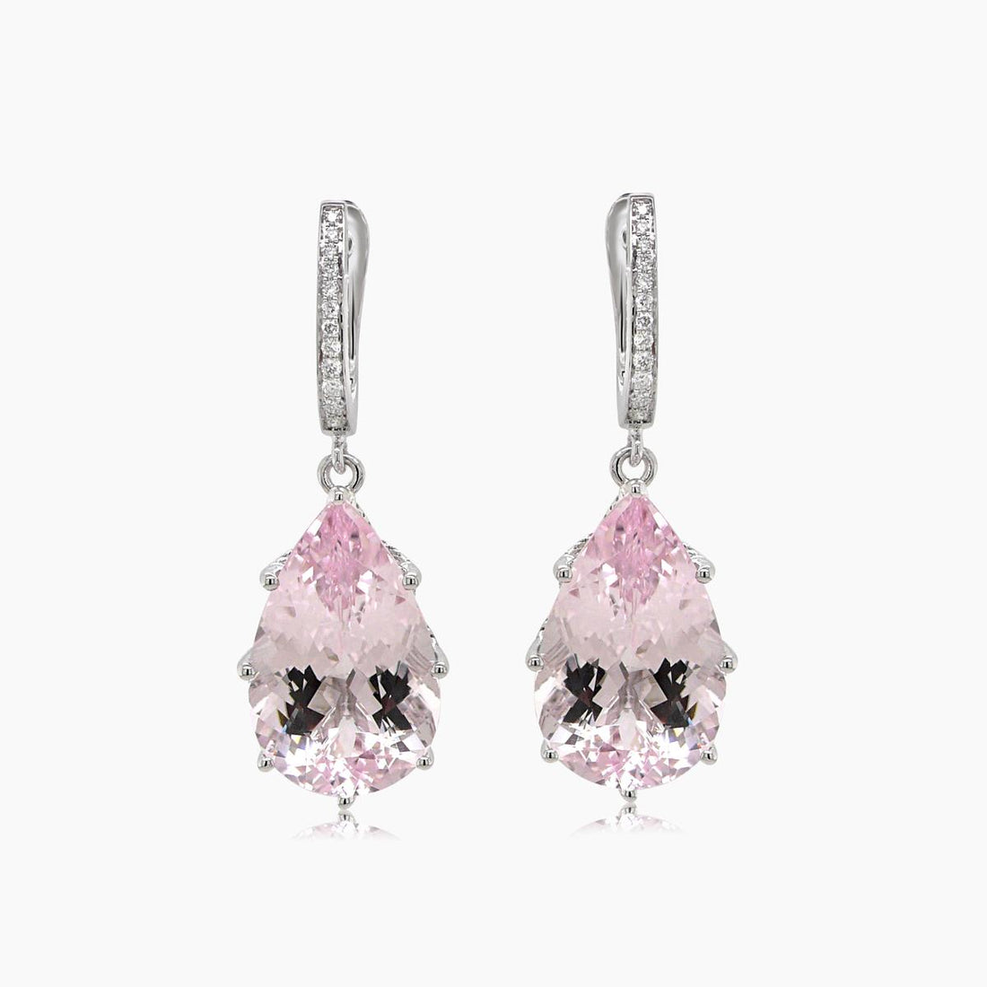 Pink Pear Drop Shape Morganite White Diamond 18K White Gold Drop Style Earrings