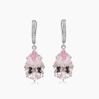 Pink Pear Drop Shape Morganite White Diamond 18K White Gold Drop Style Earrings