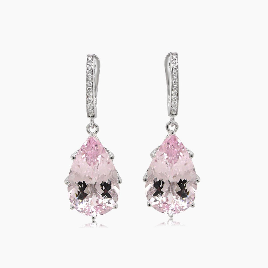 Pink Pear Drop Shape Morganite White Diamond 18K White Gold Drop Style Earrings