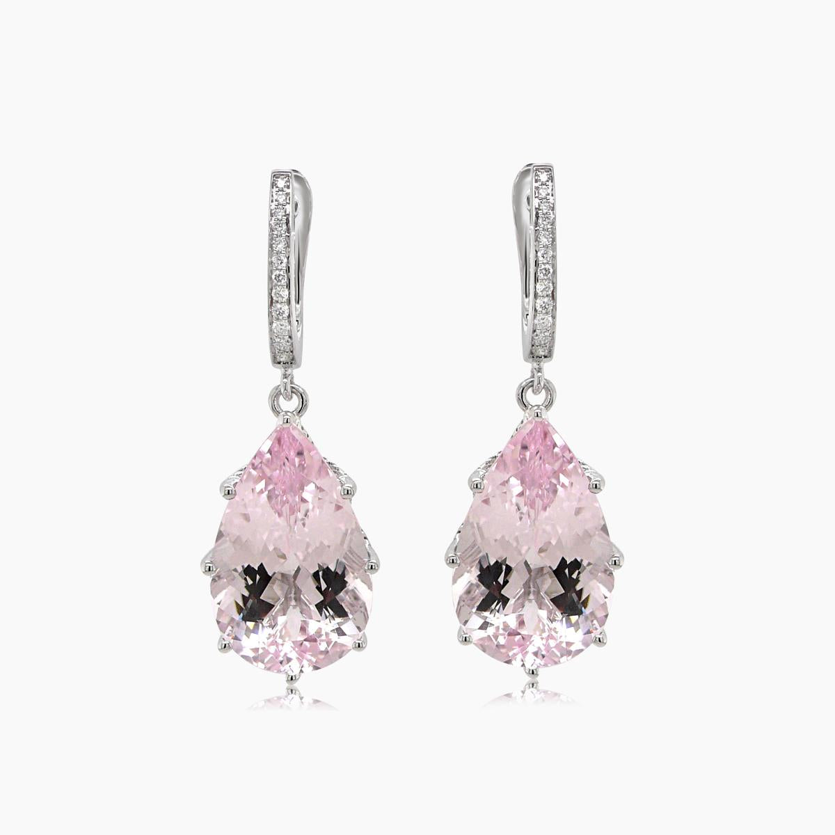 pink pear drop shape morganite white diamond 18k white gold drop style earrings