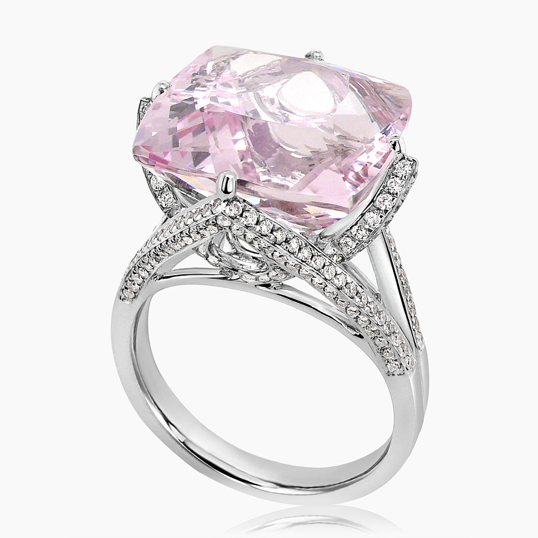 Radiant Shape Pink Morganite &amp; White Diamond 18K White Gold Ring