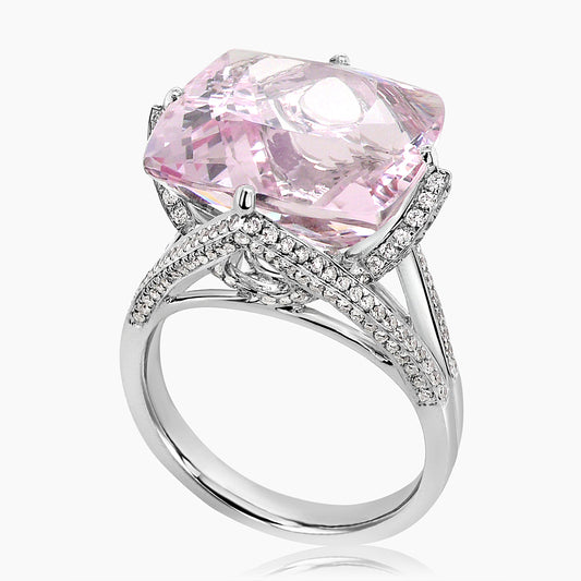 Radiant Shape Pink Morganite & White Diamond 18K White Gold Ring