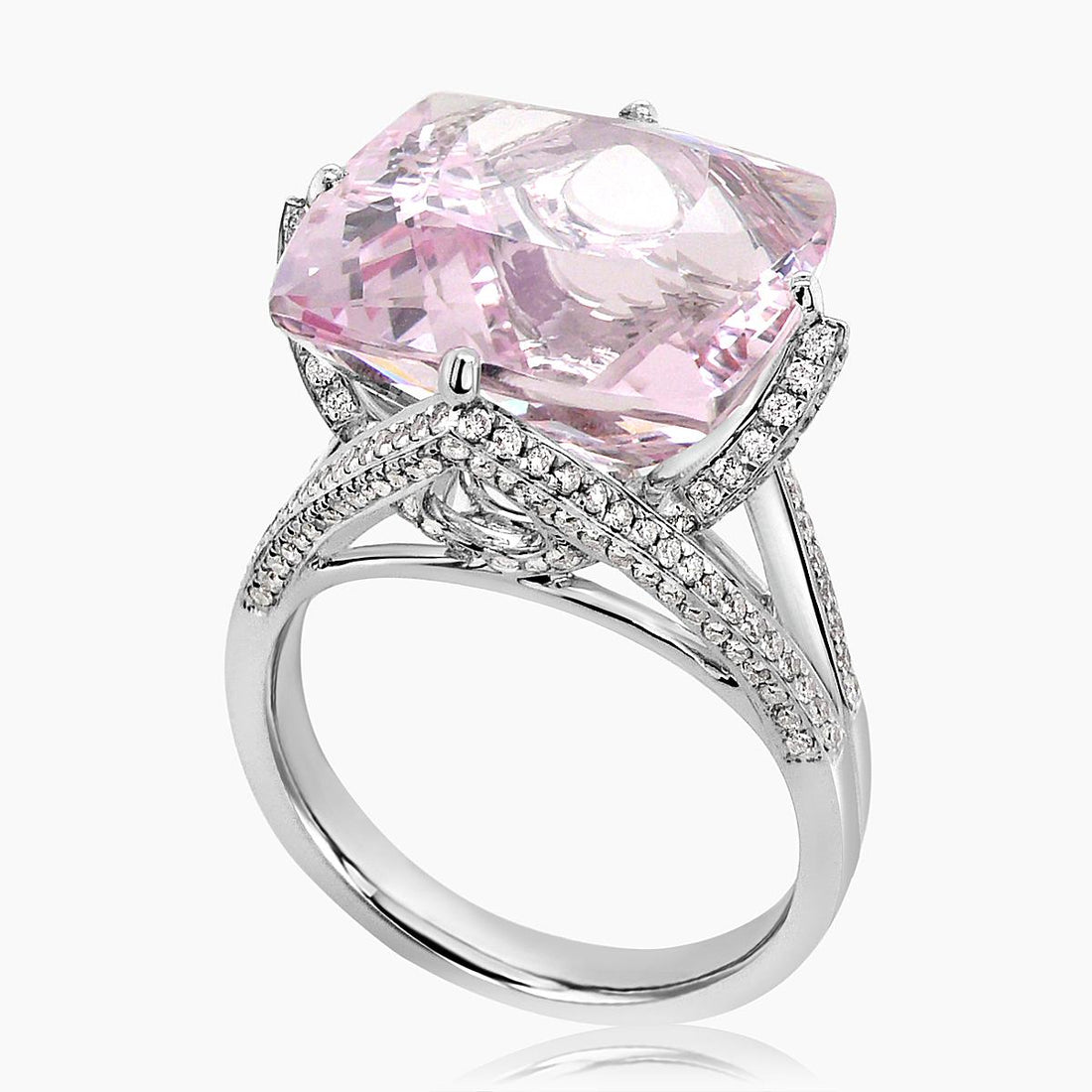 Radiant Shape Pink Morganite &amp; White Diamond 18K White Gold Ring