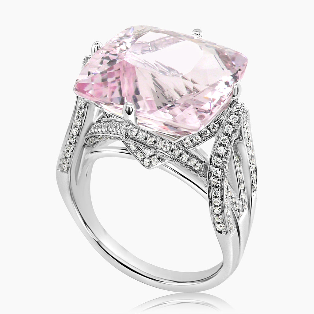 Radiant Shape Pink Morganite & White Diamond 18K White Gold Ring