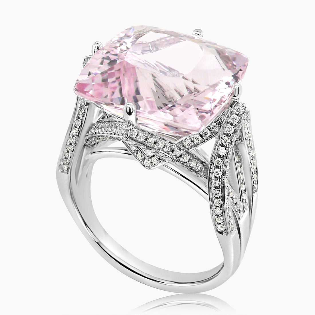 Radiant Shape Pink Morganite &amp; White Diamond 18K White Gold Ring