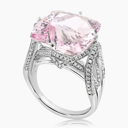 Radiant Shape Pink Morganite & White Diamond 18K White Gold Ring