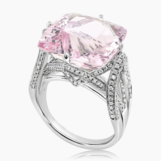 Radiant Shape Pink Morganite & White Diamond 18K White Gold Ring