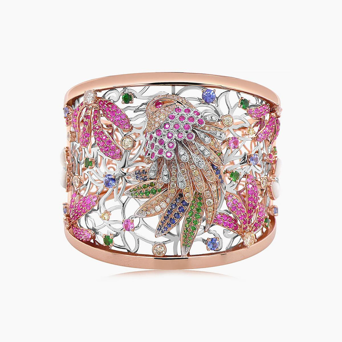Multicolor Sapphire &amp; Diamonds Garnets Eagle Bird 18K Rose Gold Bracelet Bangle