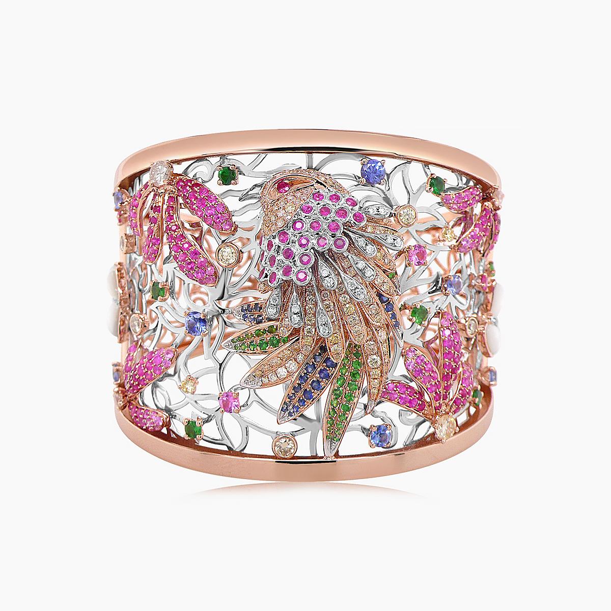 Multicolor Sapphire & Diamonds Garnets Eagle Bird 18K Rose Gold Bracelet Bangle