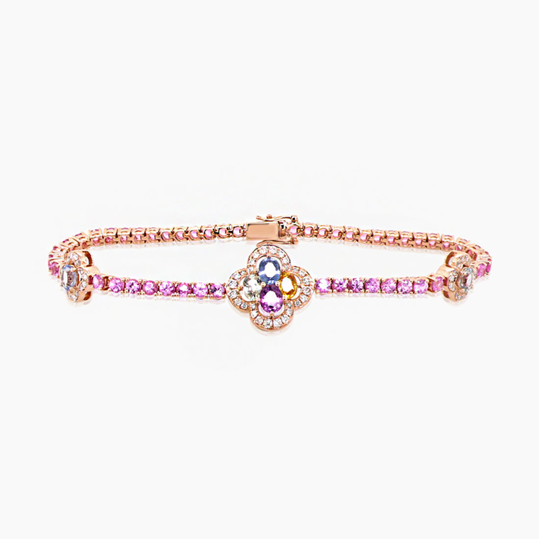 Pink Sapphire Multi-Color Sapphire &amp; Diamond 18K Gold Four Leaf Clover Bracelet