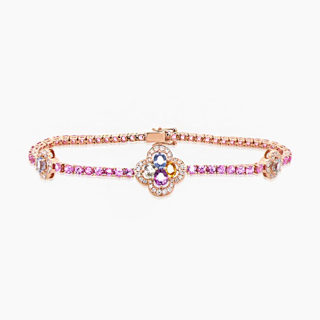 Pink Sapphire Multi-Color Sapphire &amp; Diamond 18K Gold Four Leaf Clover Bracelet