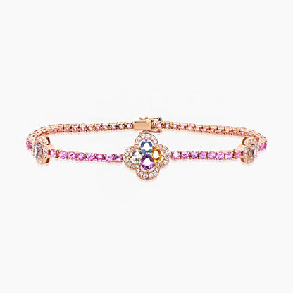 Pink Sapphire Multi-Color Sapphire & Diamond 18K Gold Four Leaf Clover Bracelet