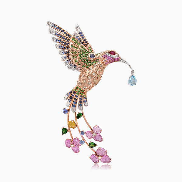 Multicolor Sapphire & Diamond Pave Long-Tailed Hummingbirds Rose Gold Pin Brooch