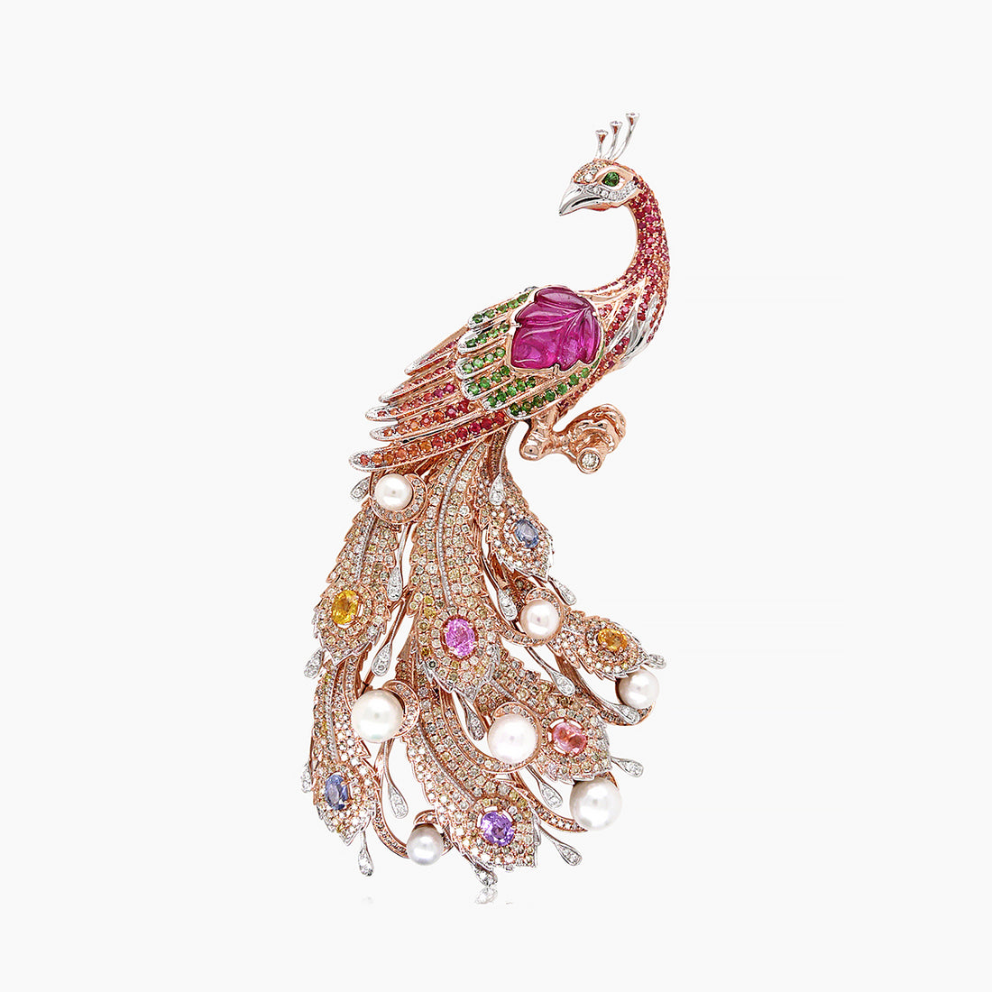 Peacock Bird Multi-Colour Sapphire Fancy Diamond Pearl 18K Rose Gold Pin Brooch