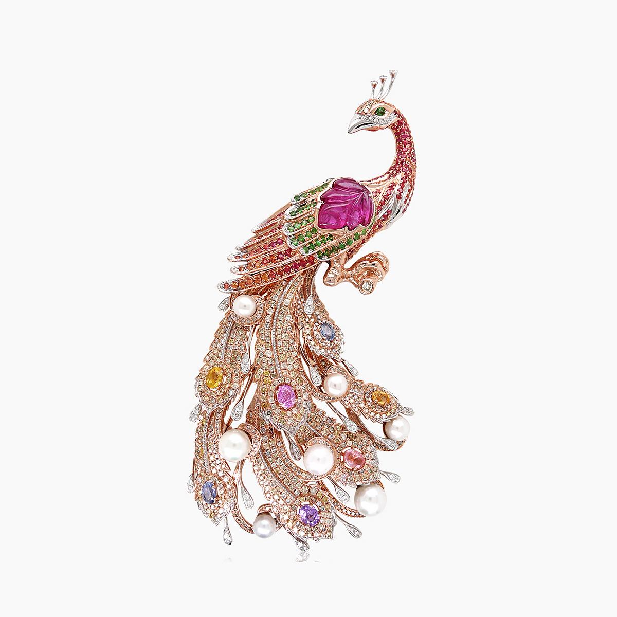 peacock bird multi-colour sapphire fancy diamond pearl 18k rose gold pin brooch