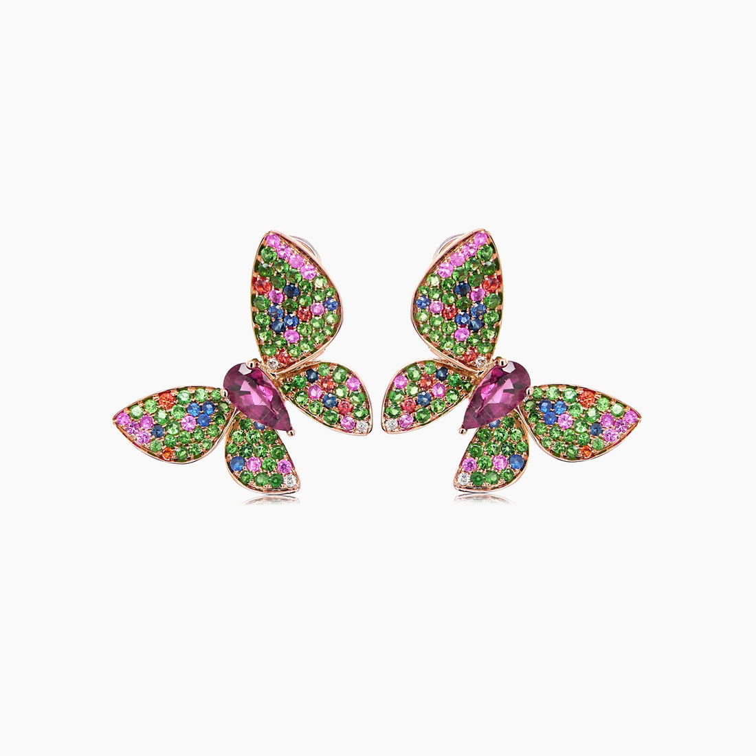 Multicolor Gemstones & Diamonds Butterfly Sweet 18K Rose Gold Drop Earrings