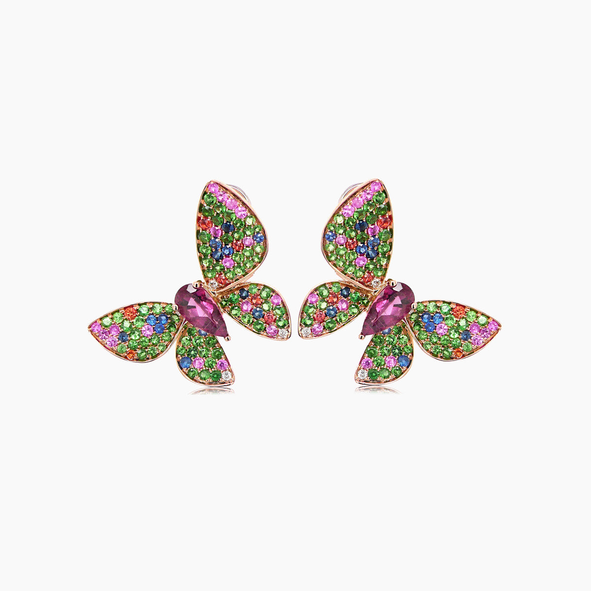 multicolor gemstones & diamonds butterfly sweet 18k rose gold drop earrings