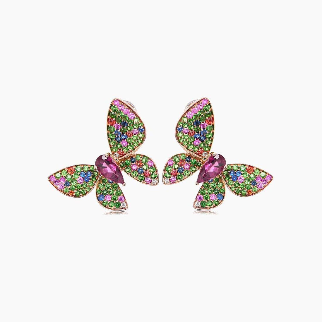 Multicolor Gemstones &amp; Diamonds Butterfly Sweet 18K Rose Gold Drop Earrings