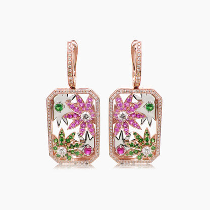 Multi-Colour Sapphire & Fancy Diamond Flower Floral 18K Rose Gold Earrings
