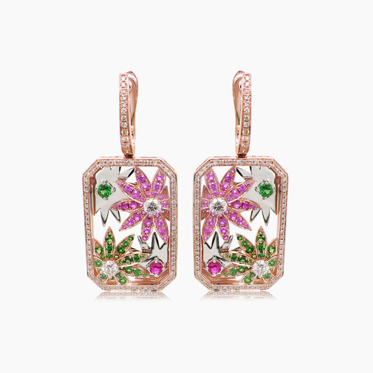 Multi-Colour Sapphire & Fancy Diamond Flower Floral 18K Rose Gold Earrings